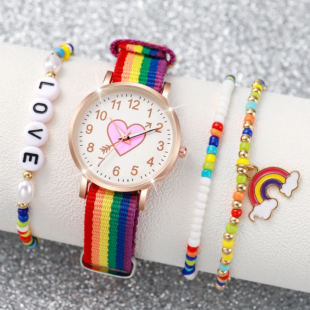 4PCS/Set Fashion Heart Dial Women\'s Watch Nylon Band Quartz Watch Rainbow Beads Bracelets Set