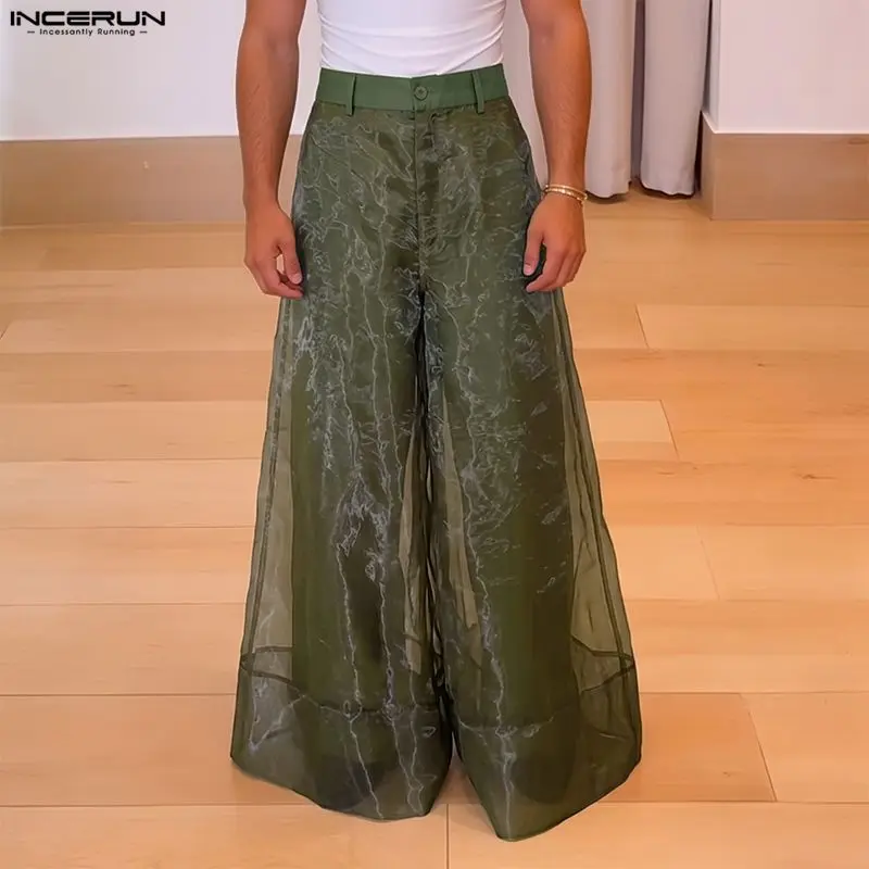 INCERUN Herrenhose mit Mesh-Patchwork und Knöpfen, lockere, lässige Hose mit weitem Bein für Herren, Streetwear 2026, modische Pantalones-Hose