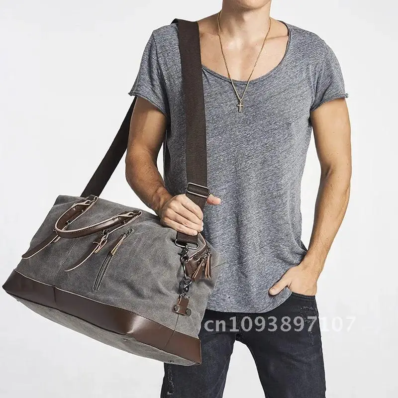 

Canvas Travel Bag Bag PU Leather Outdoor Luggage Travel Backpack Large Capacity Photography Men Fitness Handbag Male Shoulder