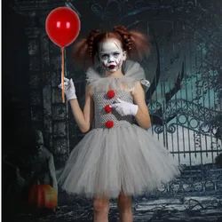 Halloween Girls Pennywise Tutu Dress Kids Cosplay Scary Gray Clown Costume Girl Carnival Party  Dress Up Clothing