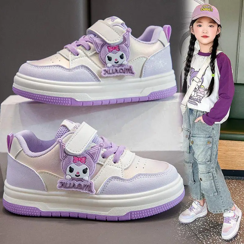 

Sanrio Kuromi Children Sneakers Girl Spring Autumn Casual Leather Upper Soft Sole Kawaii Cartoon Anime Fashion New Style Shoes
