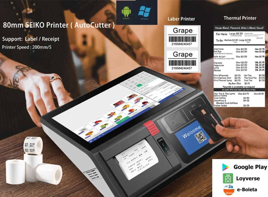 Android POS System Cash Register 11.6 Inch Touch Screen POS Cashier 80MM Receipt PrinterLoyverse  Scanner NFC VFD with battery