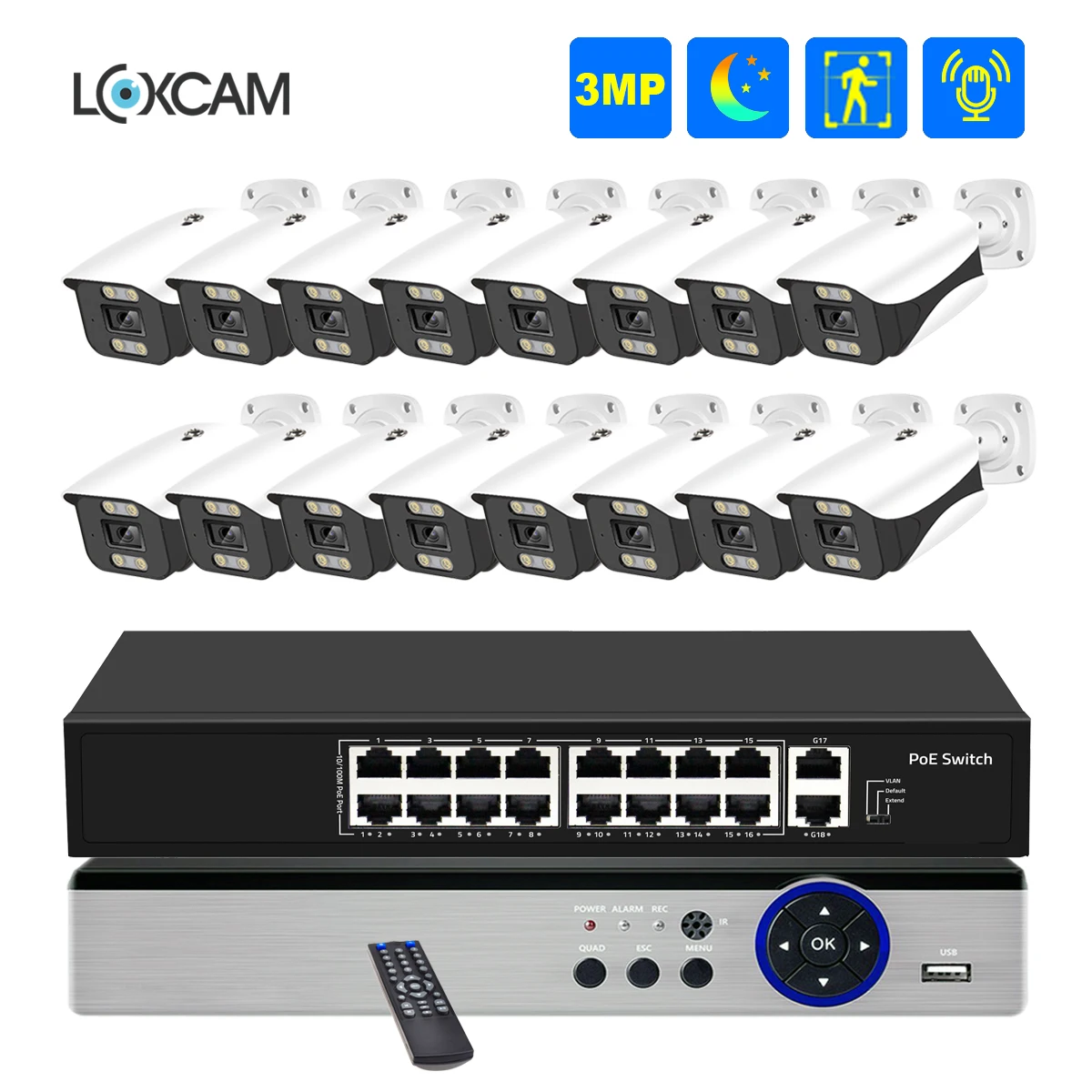 

H.265 16CH Security Camera System 3MP Color Night Vision IP Camera Kit Audio Outdoor Waterproof CCTV Video Surveillance Set