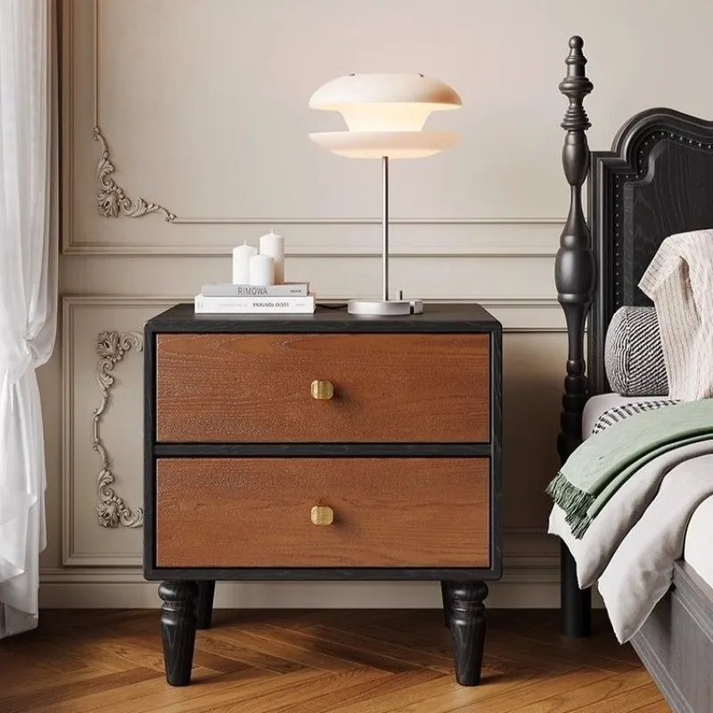 Wooden Nightstand Contrast Panel Storage Cabinet Retro Turned Leg Bedside Table with Metal Knobs for Bedroom Sofa Side Storage