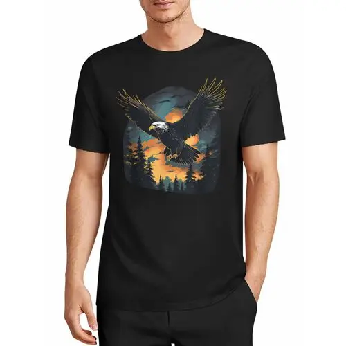 Warm-Toned Sunsets Paired with Cool-Colored Night Skies Create a Gentle Contrast, with the Golden-Edged Eagle Embodying the Wildness of the Wilderness. Each Outfit Is a Manifestation of the Desire for Nature and Freedom. Loose Short-Sleeved Top with Black Background