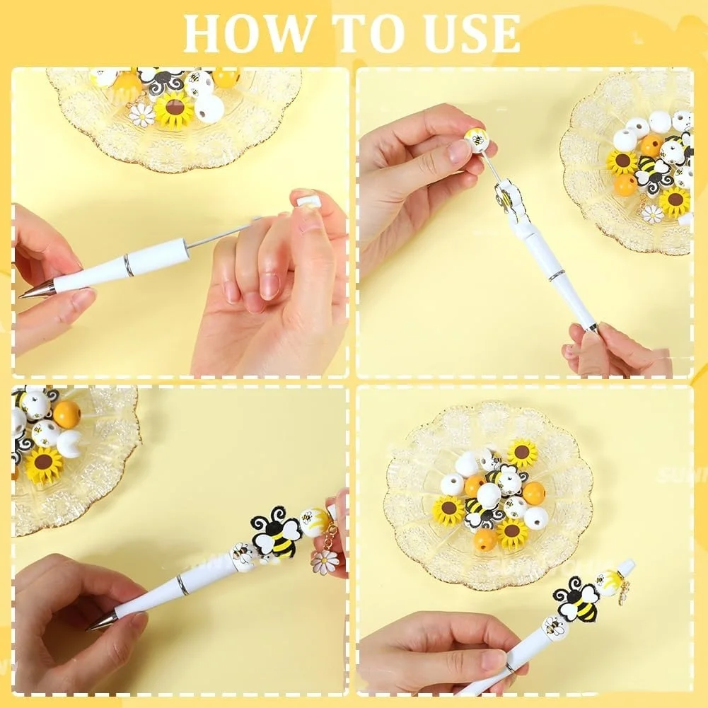 6 قطعة عباد الشمس الربيعي تحت عنوان DIY بها بنفسك حبة قلم حبر جاف ومجموعة الخرز الخشبي ، مع قلادة سبيكة فراشة النحل ، إمدادات المكتب والدراسة