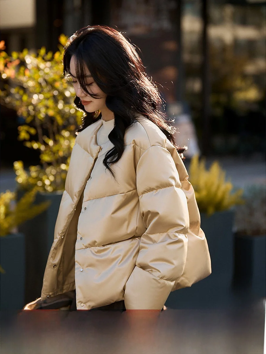 

Xiao Han Ge down Jaet Lightweight Warm Silk Satin Goose down ort Bread Sle for Winter Commute OL Loose Fit Long Sve