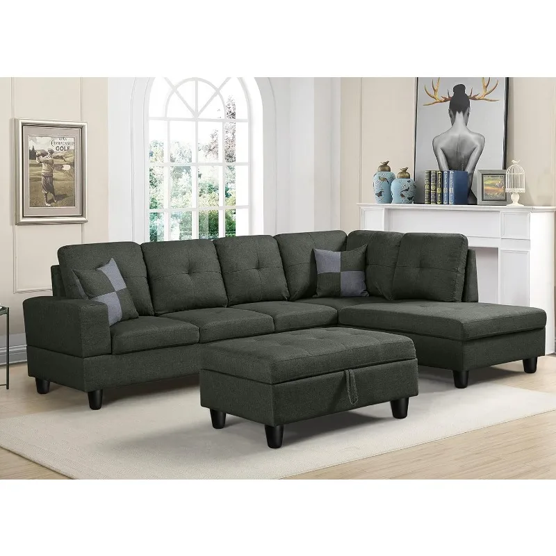 Sofa for Lving Room Couch Set with 3-Seat and Right Chaise Longue w/ 2 Pillows Storage Ottoman for Apartment and Small Space