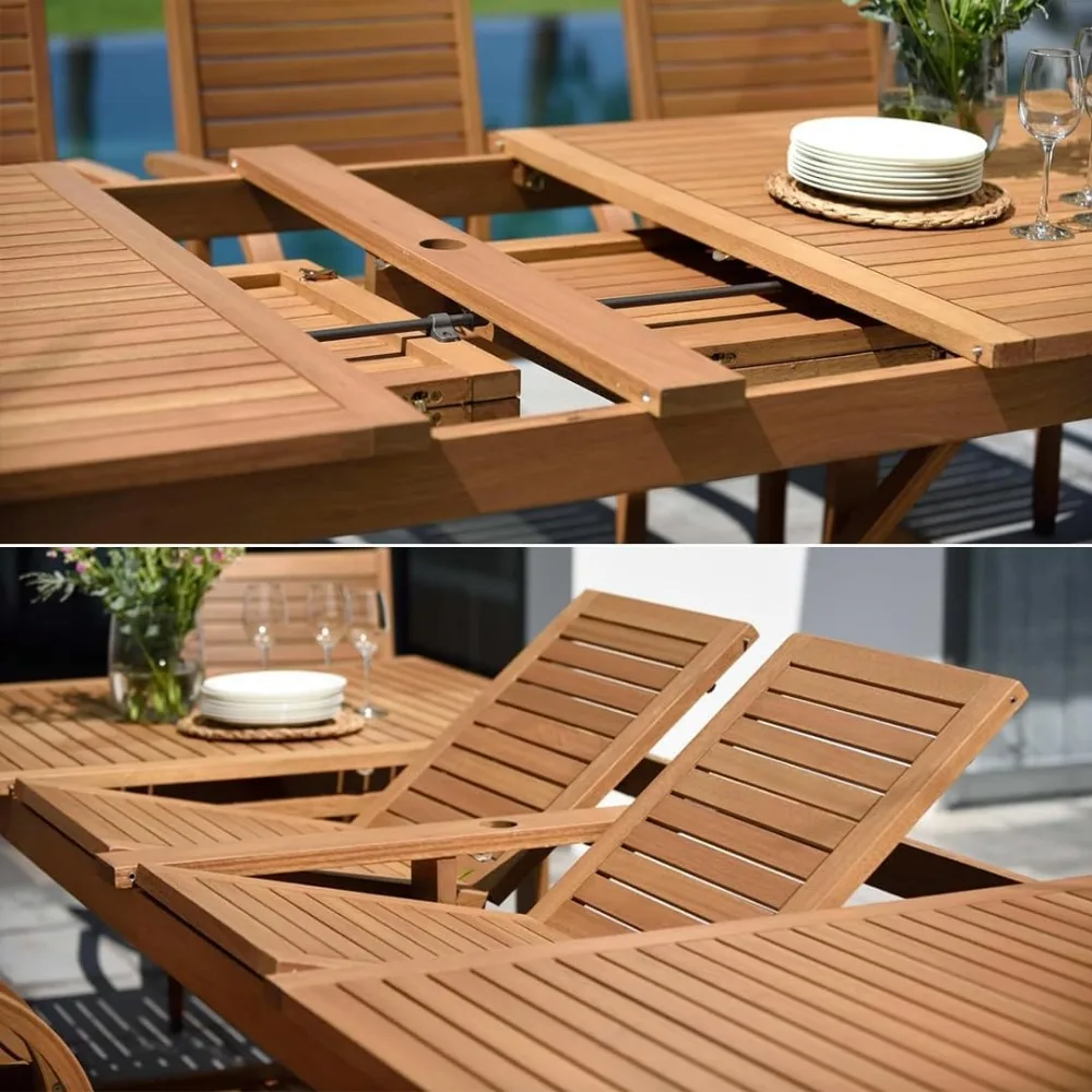 Outdoor Dining Table Sets,9-Piece Teak Finish Extendable Rectangular Patio Dining Sets, Garden Furniture Sets