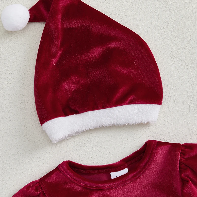 Newborn Baby Girl Christmas Romper Dress Long Sleeve Red Velvet Dress Santa Hat 2Pcs Outfit Infant Xmas Clothes