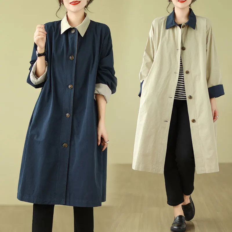 Casual Style Women's Windbreaker Jacket Oversize Checkered Splicing Slimming Collar Autumn Spring Medium Length Coat
