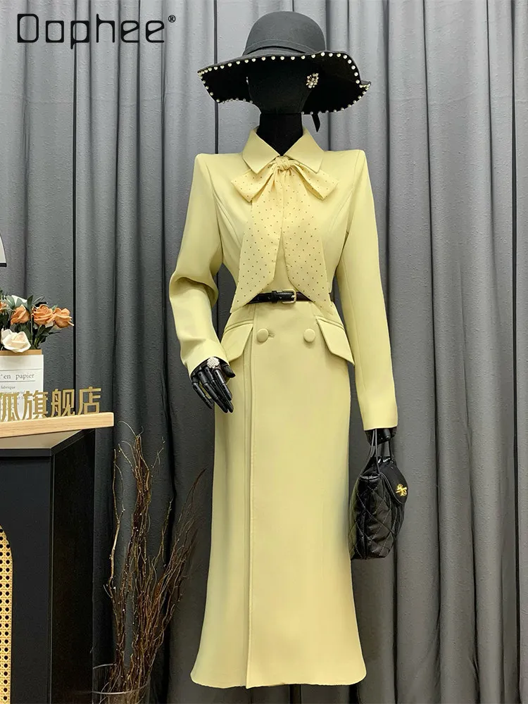 

French Style Bow Collar Midi Dress Women Elegant Long Sleeve Office Work Dress with Belt High Waist A Line Formal Party Dresses