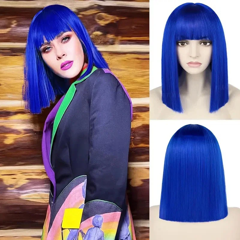 Strój sceniczny dla barowej z kolorowymi włosami do ramion, nakrycie głowy, imitacja fryzury bob, krótka prosta fryzura dla kobiety na bal.