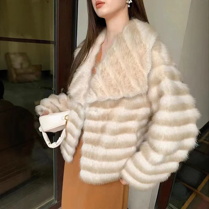 Winter New Plush Warm Imitation Fur Jacket Coats Womens Fashion Faux Fur Lapel Long Sleeve Jacket Warm Thickened Jacket