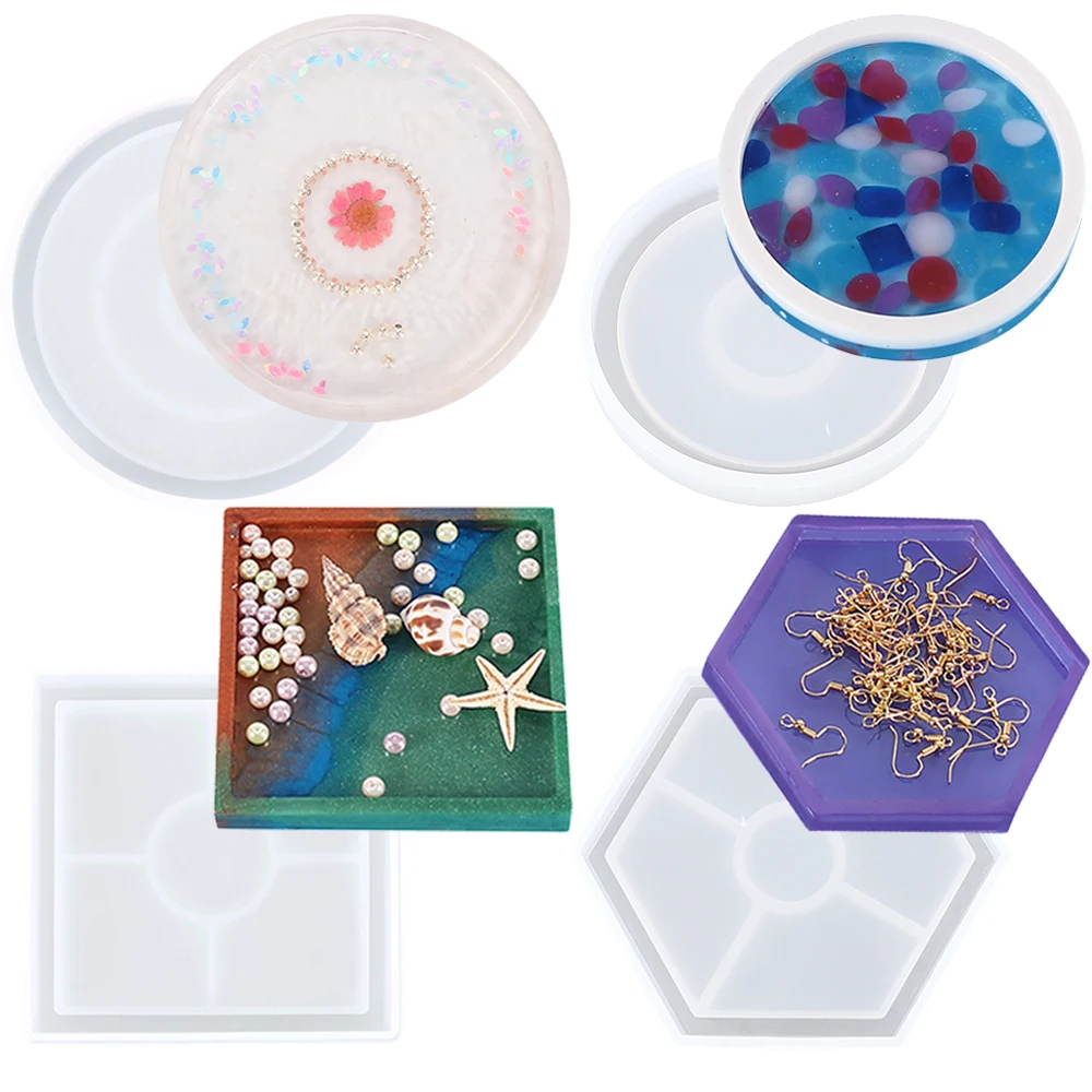 Coaster molde de resina de silicone coração redondo quadrado hexágono oval copo bandeja esteira fundição artesanato bandeja de armazenamento de jóias fazendo decoração de casa