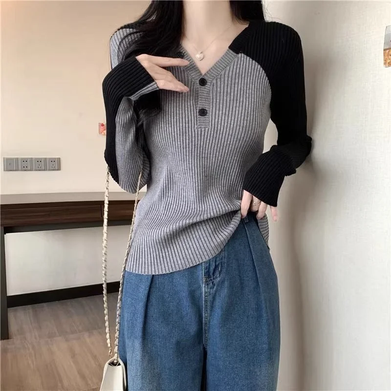 Color Block V Neck Raglan Sleeve Knit Pullover Slim Fit Long Sleeve Top with Button Placket for Women Spring Autumn Casual Wear 5