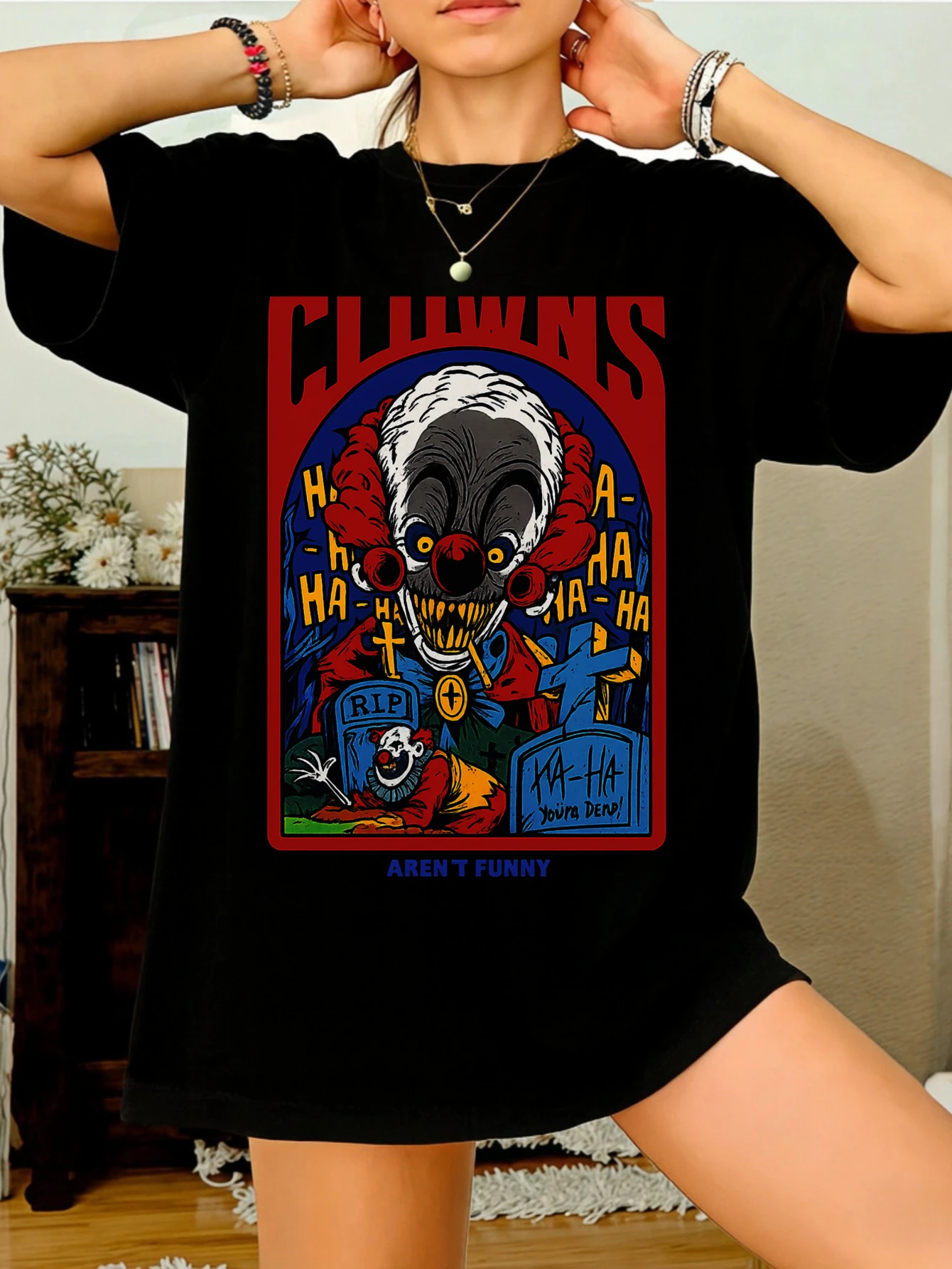 

Womens Short Sleeve T Shirts Funny Clowns Printed Cotton Oversized Casual Summer Tshirt Gift for Her