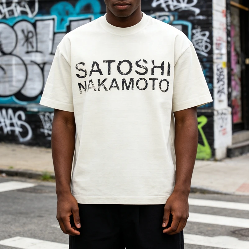 High Street Fashion Brand Satoshi Nakamoto Classic Letter Print Trendy Casual Washed Vintage Short-Sleeve T-Shirt Summer Top