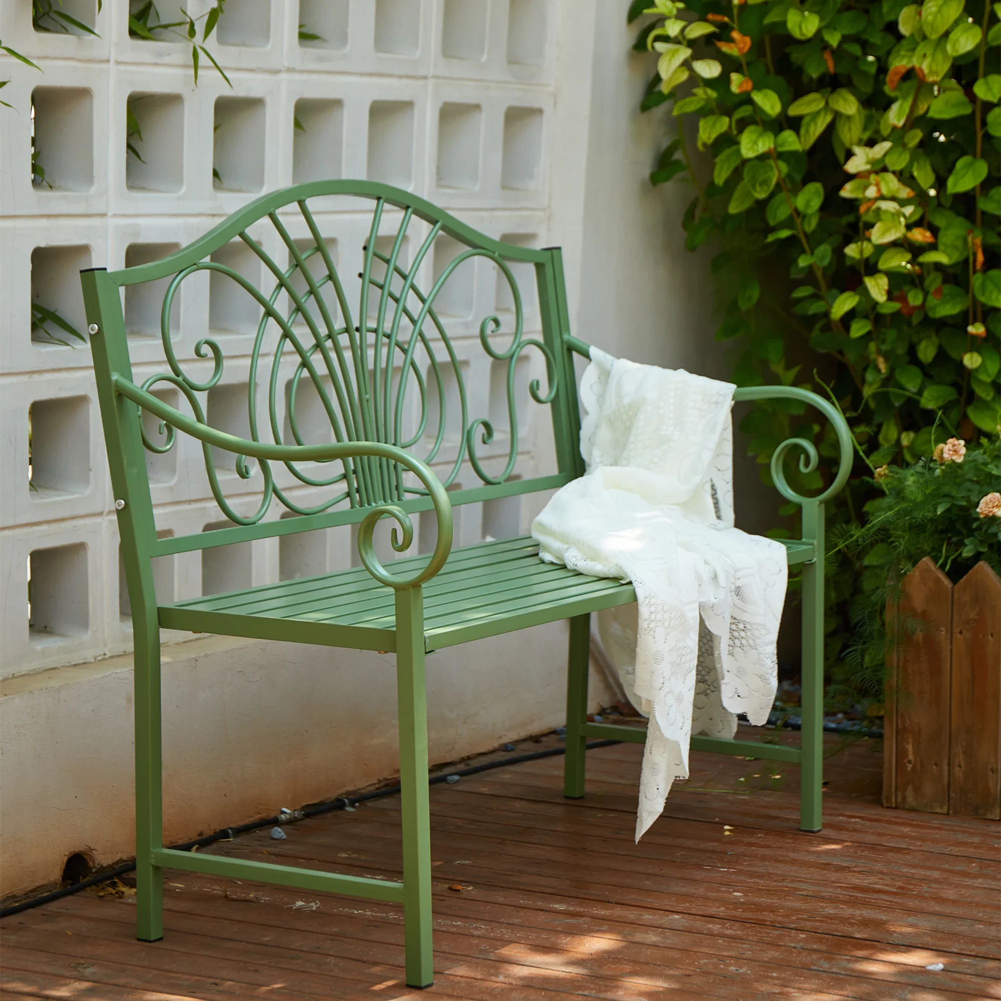 French wrought iron garden double chair backrest, balcony bench, patio terrace, outdoor indoor park, leisure chair, idyllic