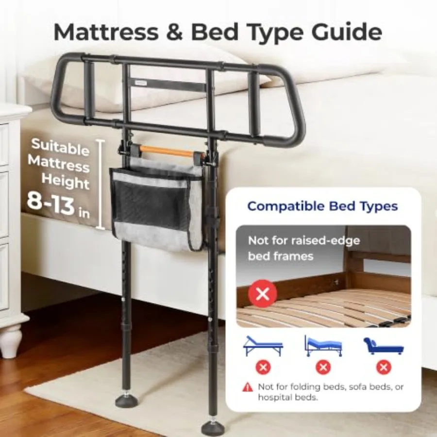 Folding bed rails for elderly adults safety: steel frame, black finish, easy-install, dual-height adjustment