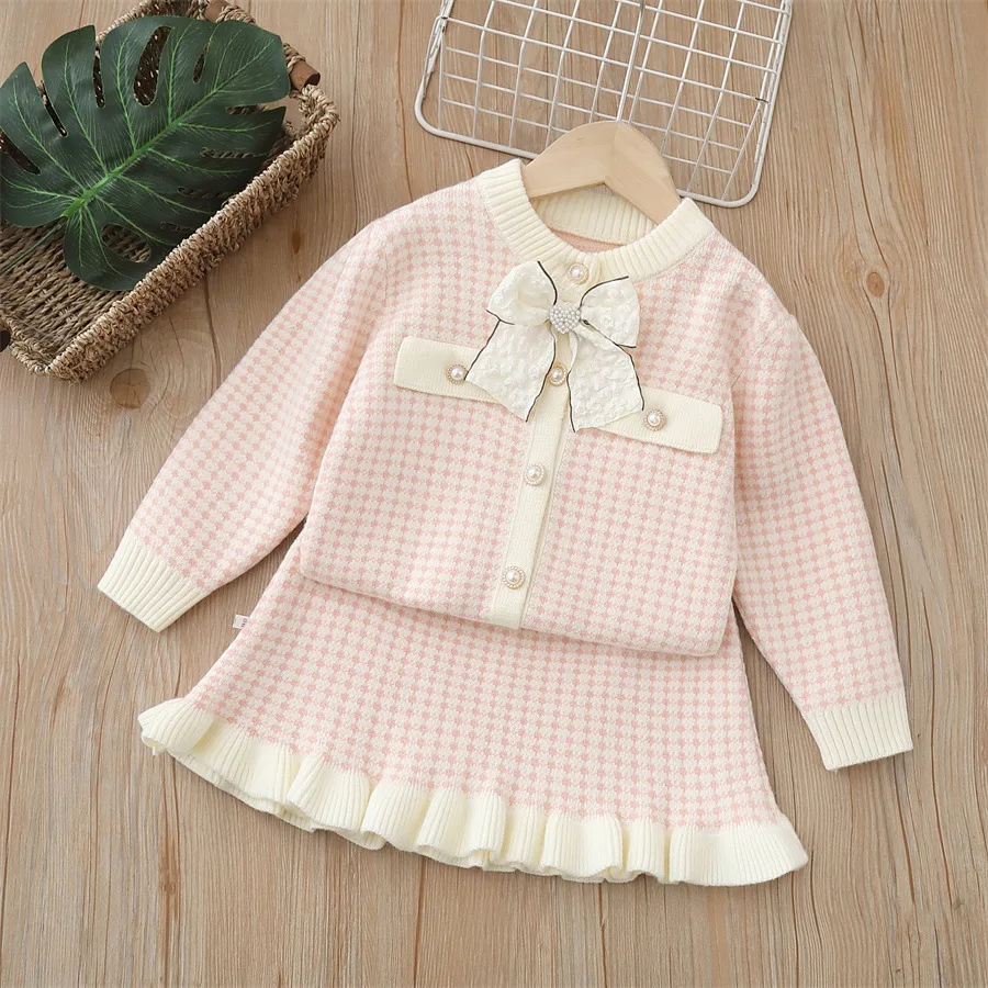 Autumn New Girls Plaid Knitted Sweater and Skirt Two Pieces Sets For Children's Clothing Set Trendy Bow Cardigan Girl Outfits