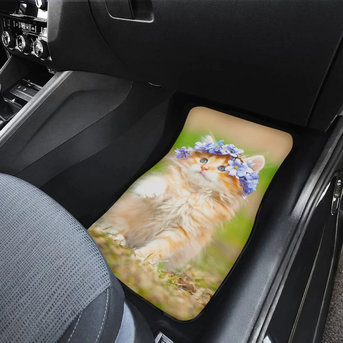 Car Floor Mats Kawaii Cat with Wreath Design Anti-Slip Carpet Set Universal Auto Foot Mat Covers Girls Car Interior Accessories