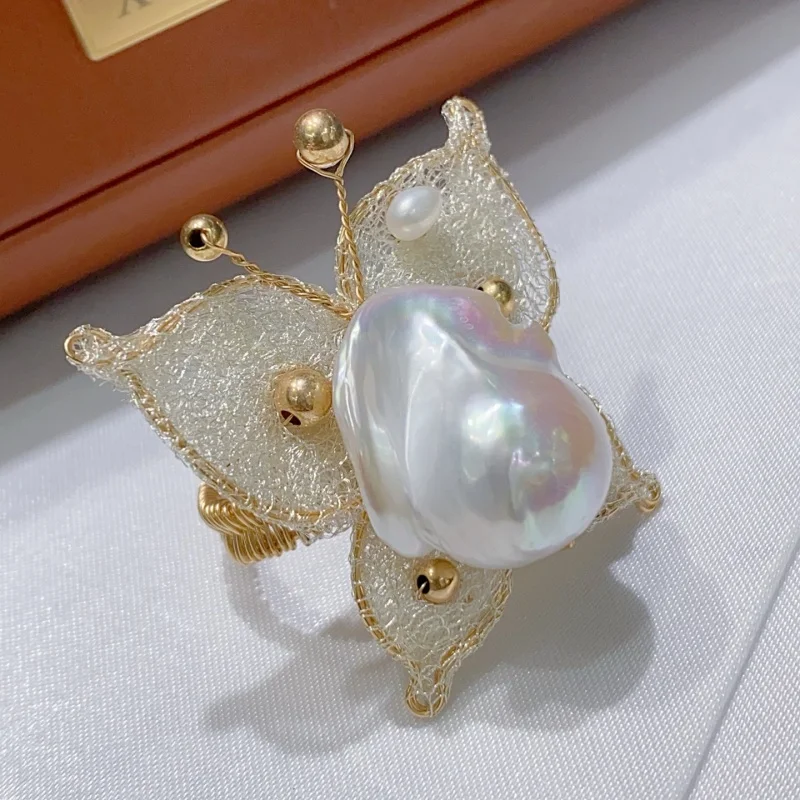 

SGARIT Butterfly Style 14K Gold Filled Round Bead Ring Natural Baroque Pearl Jewelry Handmade Knuckle Ring for Women