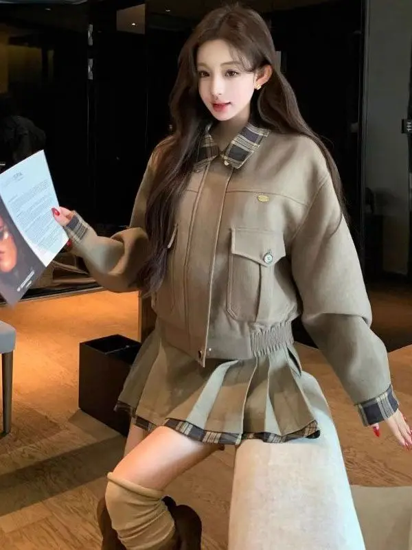 Retro Plaid Splicing Collar Woolen Coat Women's Winter Fashion Set with Half Skirt Two-Piece Suit High Waist Zipper Warmth