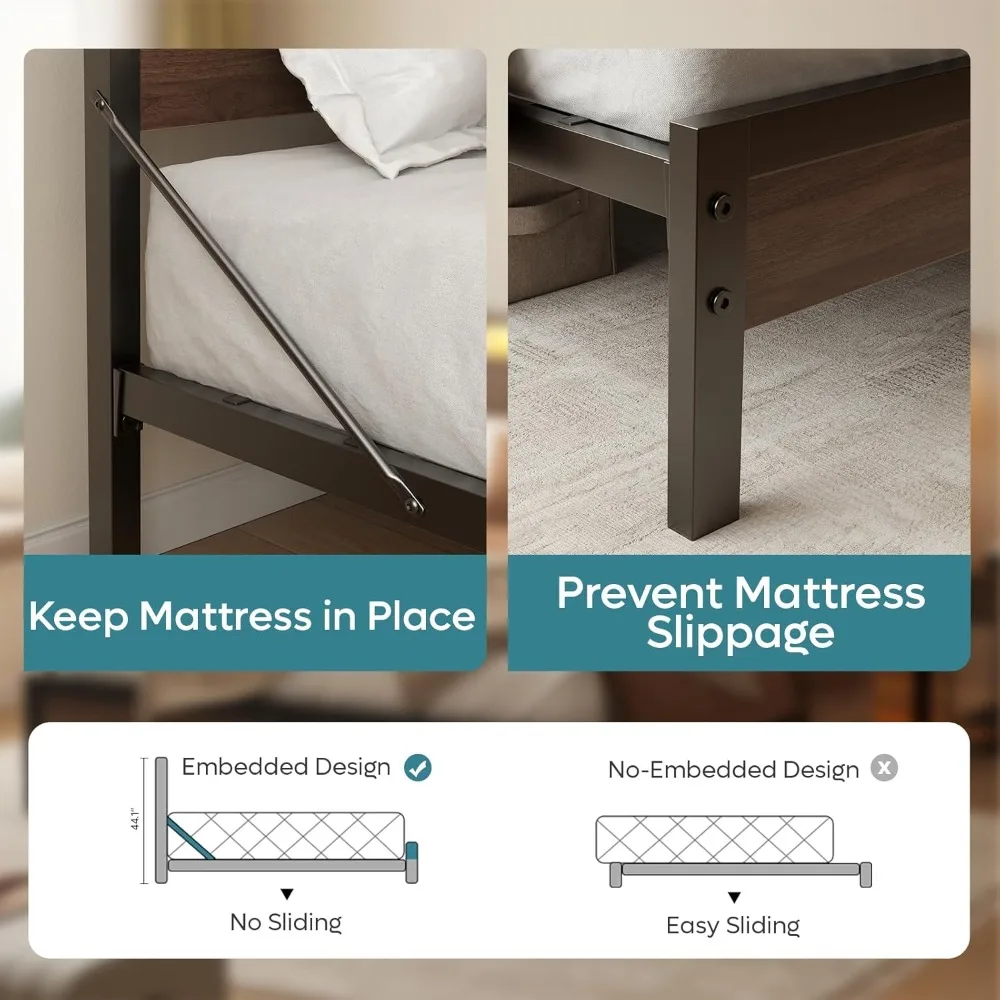 Bestier Full Bed Frame with Headboard Storage and Charging Station, Walnut Platform Bed Frame with LED Light, Non-Slip Metal Bed