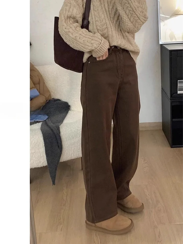 High Waist Wide Leg Straight Cut Jeans Women's Coffee Color Slim Fit Denim Pants Spring New Style plus Size Vintage Loose Tro...