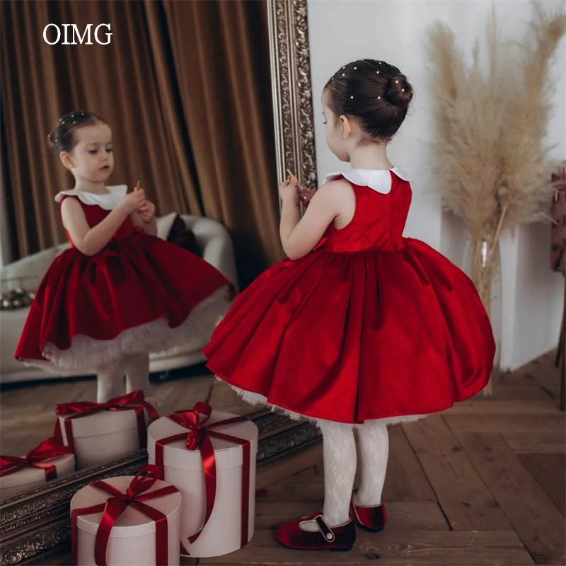 OIMG Red Petal Collar Christmas Flower Girl Dresses Multi-layer Mesh Wedding Party Dress Knee Length Birthday Dress Customized