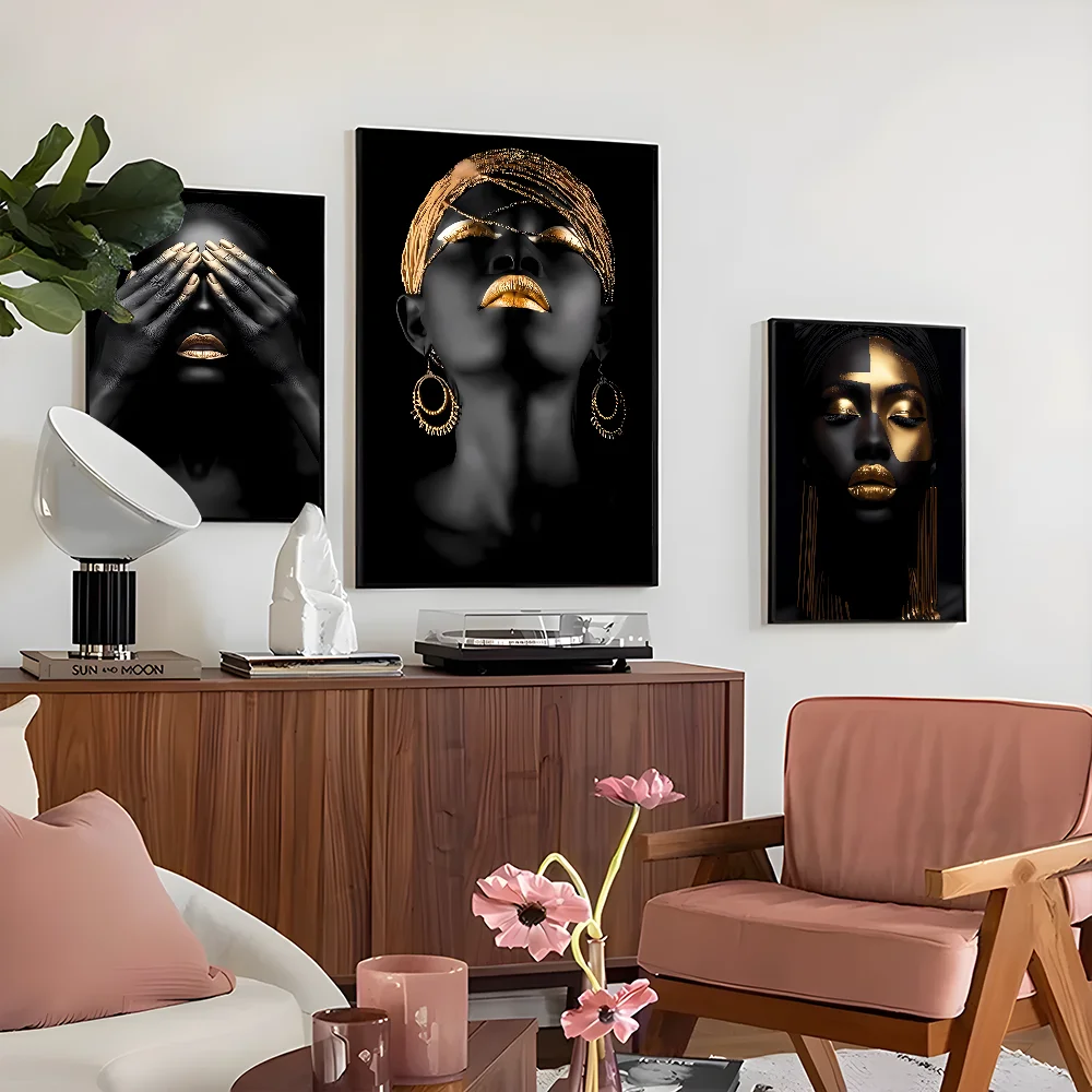Black Skin Woman Golden Makeup Poster Self-adhesive Art Waterproof Paper Sticker Coffee House Bar Room Wall Decor