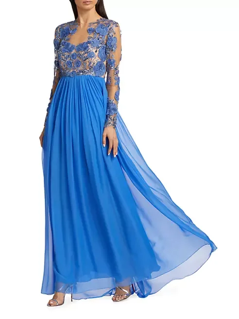 

Blue Tulle Floral Illusion Gown A Line Prom Dresses 2024 Elegant 3D Floral Appliques Backless Embroidery Maxi Gowns Prom Dress