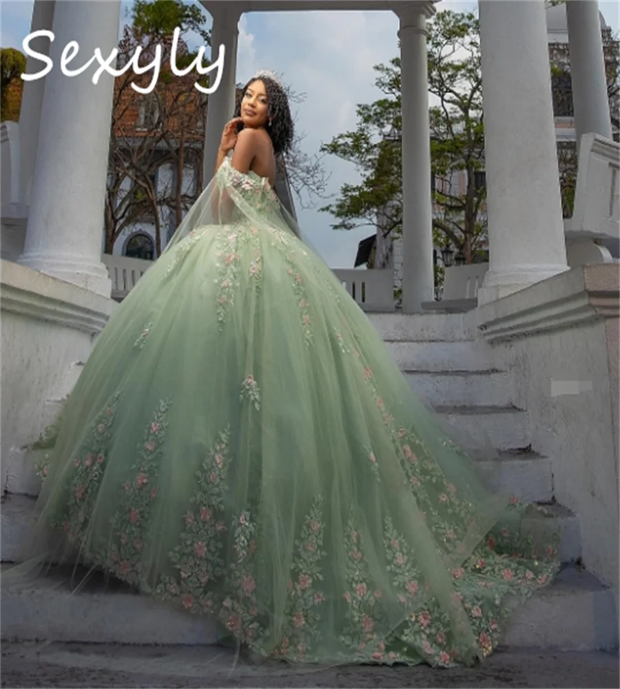 slim fit dress slacks Mint Green Tulle Off the Shoulder Prom Gown with Flowers, Puffy Quince –  Uniquedresss main image 1