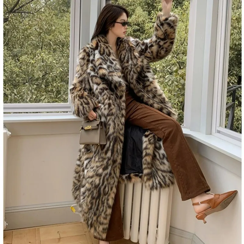 Abrigo Extra largo de piel sintética de leopardo y Animal, chaqueta holgada de manga larga, ropa de abrigo cálida, alta calidad, Invierno