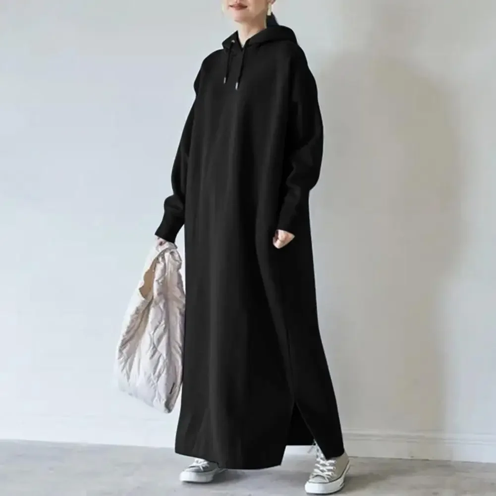 

Women Sweatshirt Dress Drawstring Long Sleeve Side Split Hem Hoodie Dress Thickened Fleece Lining Hooded Maxi Dress