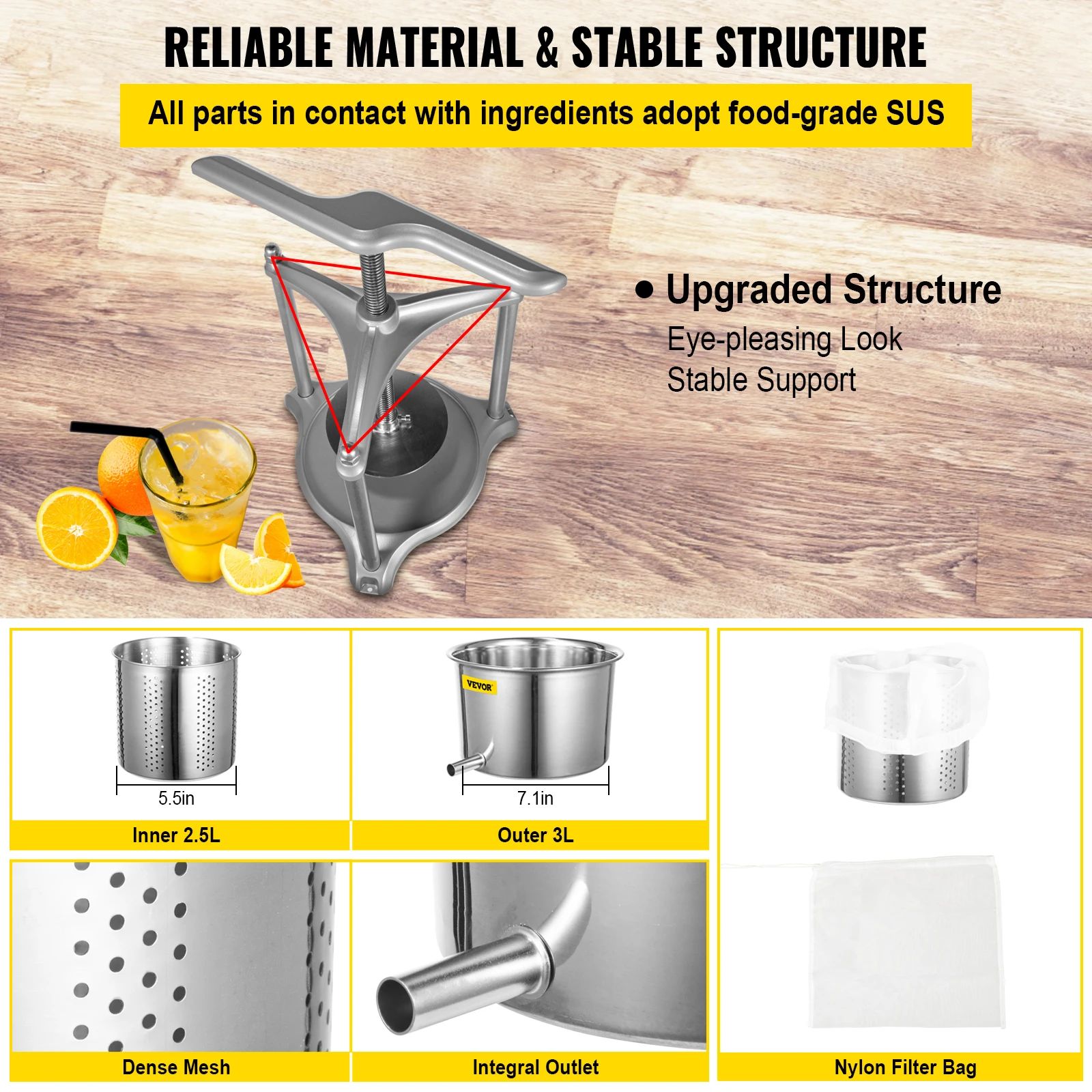 VEVOR 수동 과일 와인 프레스 스테인레스 스틸, 가정용 수동 압착기, 사이다 야채 팅크 프레스, 주방 기계, 3L, 6L