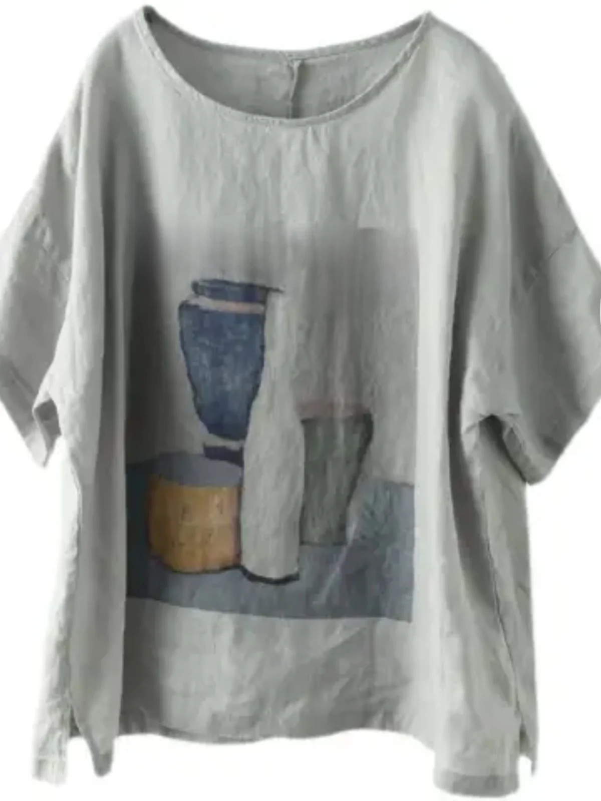 เสื้อยืดผ้าฝ้ายลินินสไตล์เรโทร สำหรับผู้หญิงไซส์ใหญ่ ทรงหลวม คอกลม ใส่สบาย ช่วยพรางหุ่น เหมาะสำหรับฤดูร้อน ใช้งานได้หลากหลาย