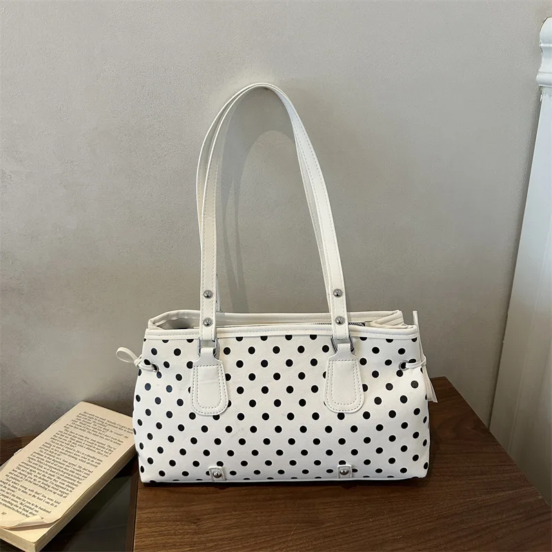 French Vintage Polka Dot Pu Shoulder Bags for Women Large Capacity Ladies Boston Tote Bag Simple Portable Female Work Handbag
