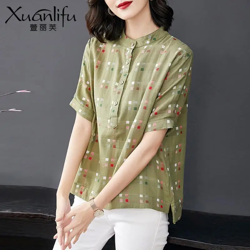 Vintage Plaid Printing Shirt Tops Short Sleeve Button All-match Loose Casual Blouse Women Clothing Fashion Harajuku Summer New