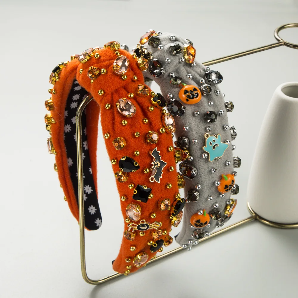 

Spooky Halloween Knotted Headband Velvet Pumpkin Ghost Bat Crystal Hairband Festive Theme Wide Turban Hair Hoop For Women