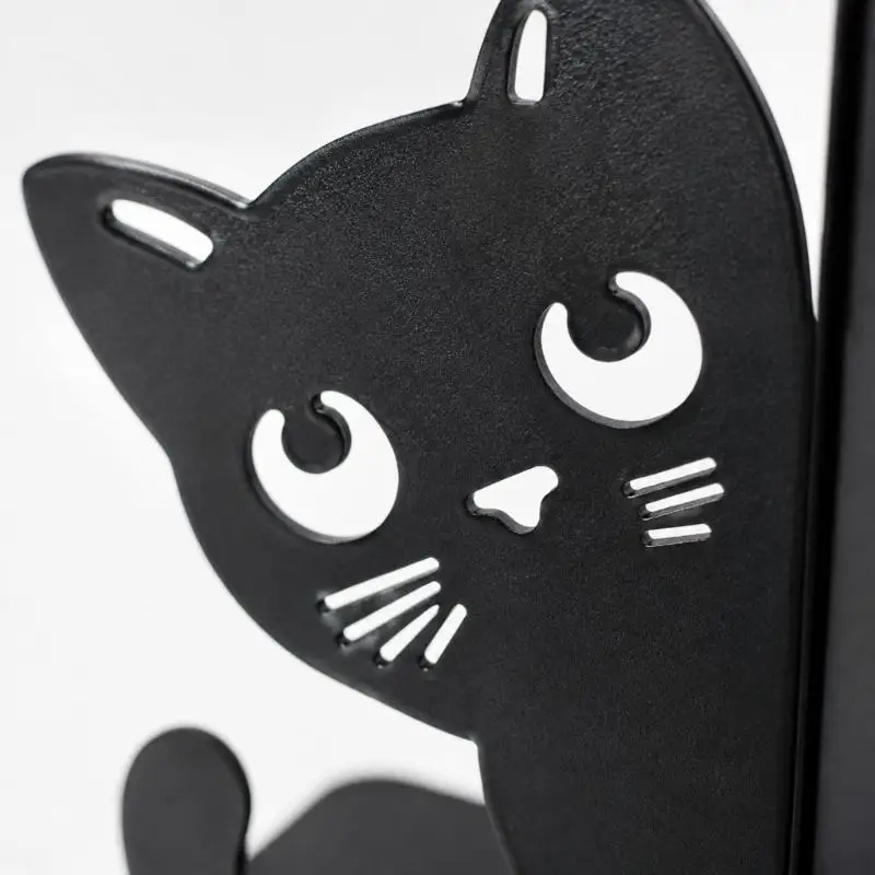 Black Feline Bookends, 1 Pair with Peeking Side Panels and Flat Bases for Organizing Books on Bookshelves, Home Studies, D2RC