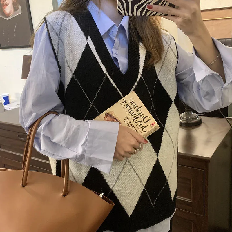 Argyle سترة سترة للنساء المتضخم الخامس الرقبة متماسكة سترة بلا أكمام البلوز تانك القمم الربيع الصيف 2026 اسكواش الزي #5