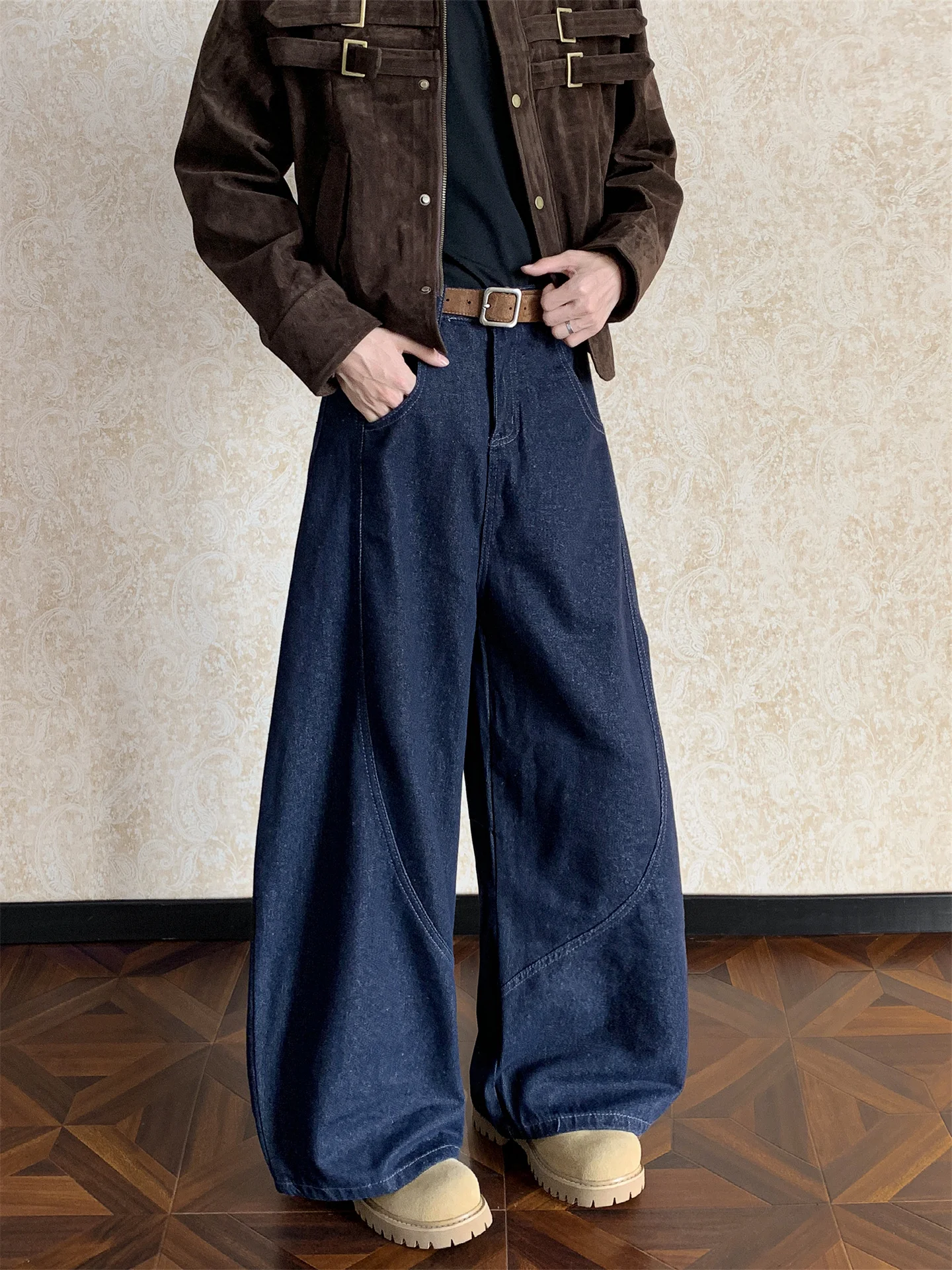 

American Waed Original Color Denim Men's Trendy Knife Jeans High Street Retro Wide Leg Cleanfit Pants Straight Cut Loose Fit