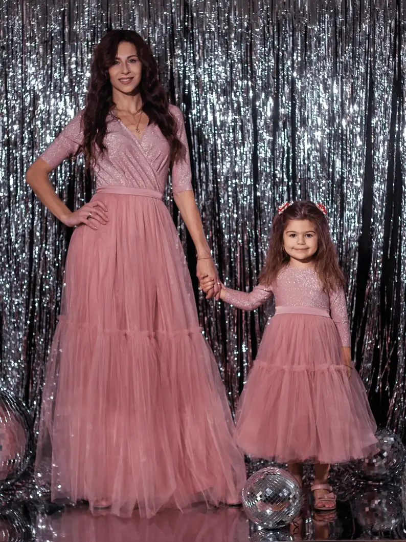 Powder Mother Daughter Dresses for Photoshoot and Special Occasion for Mother and Daughter Stretch Fabric with Shiny Threadzbp