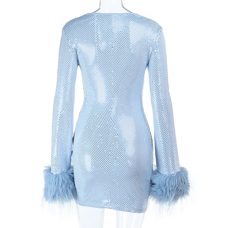 Stsss feminino azul lantejoulas vestido nova moda outono profundo decote em v manga longa decoração de pele do falso magro bodycon festa clube mini vestido