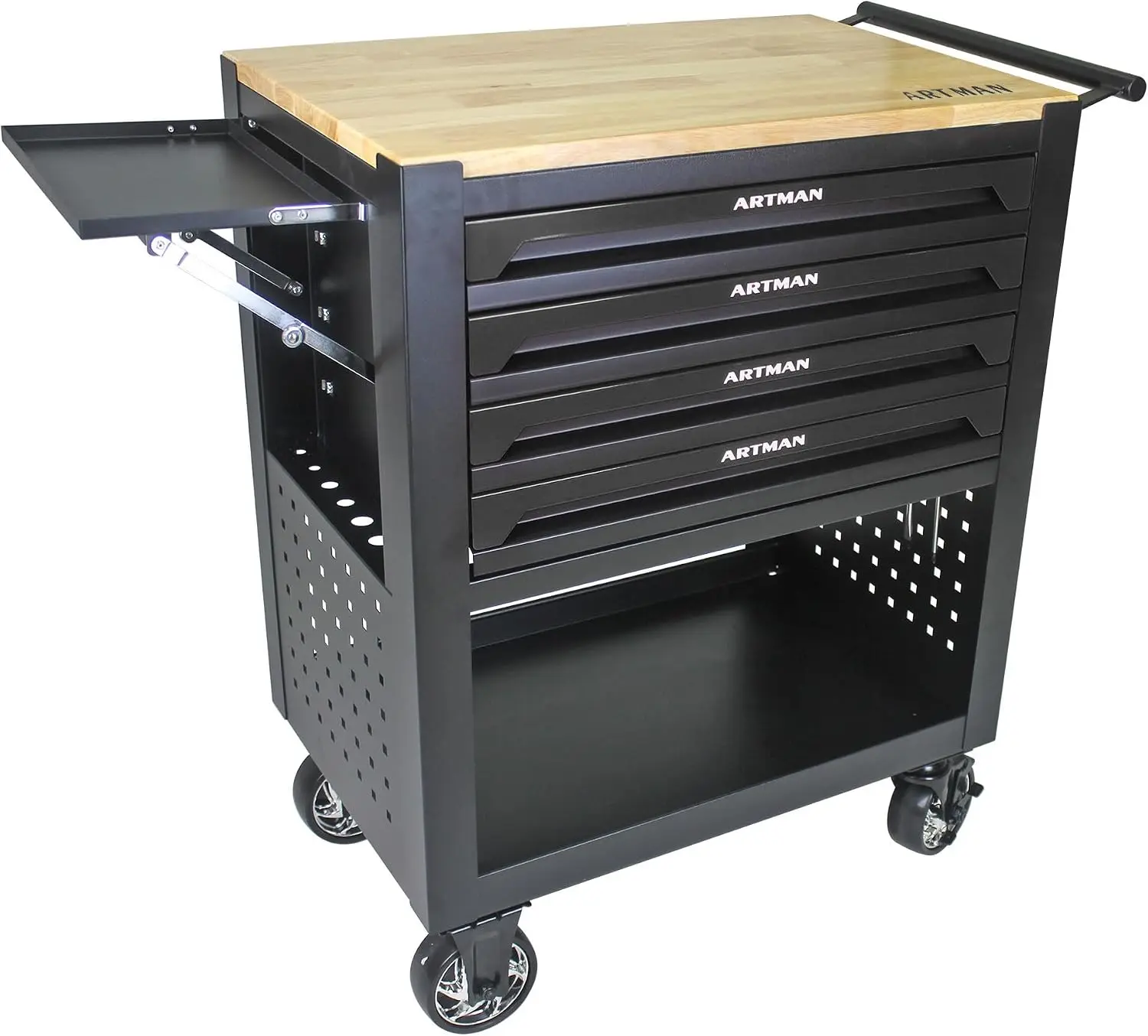 Rolling Tool Cart 4 Drawers Wheels Multifunctional Mechanical Tool Workbench Wooden Top Folding Tray Lockable Storage Toolbox Ca