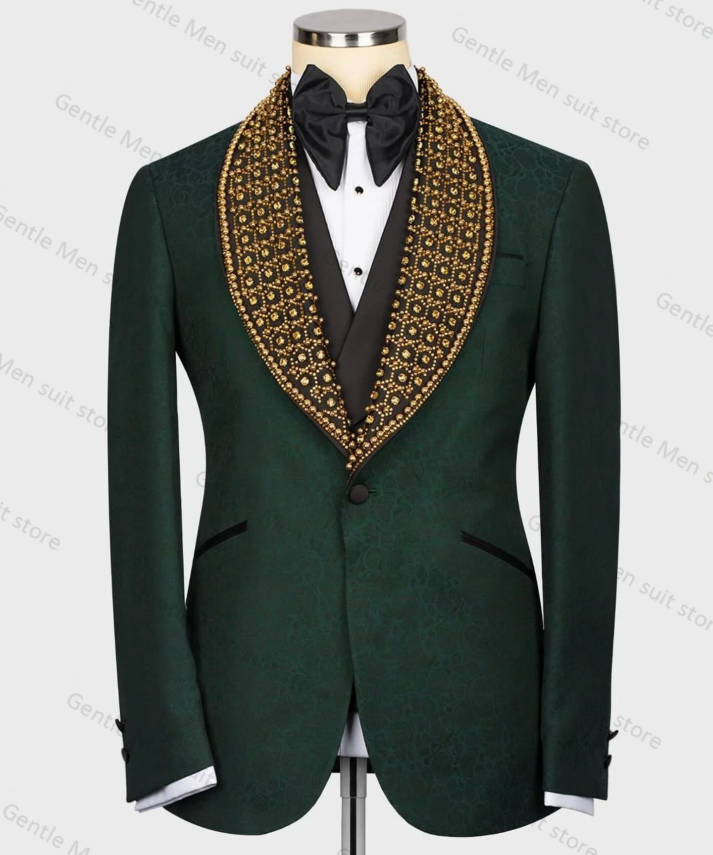 Green Printed Men Suits Set 2 Piece Crystal Blazer+Black Pants Italian Design Custom Made Jacket Groom Wedding Tuxedo Coat