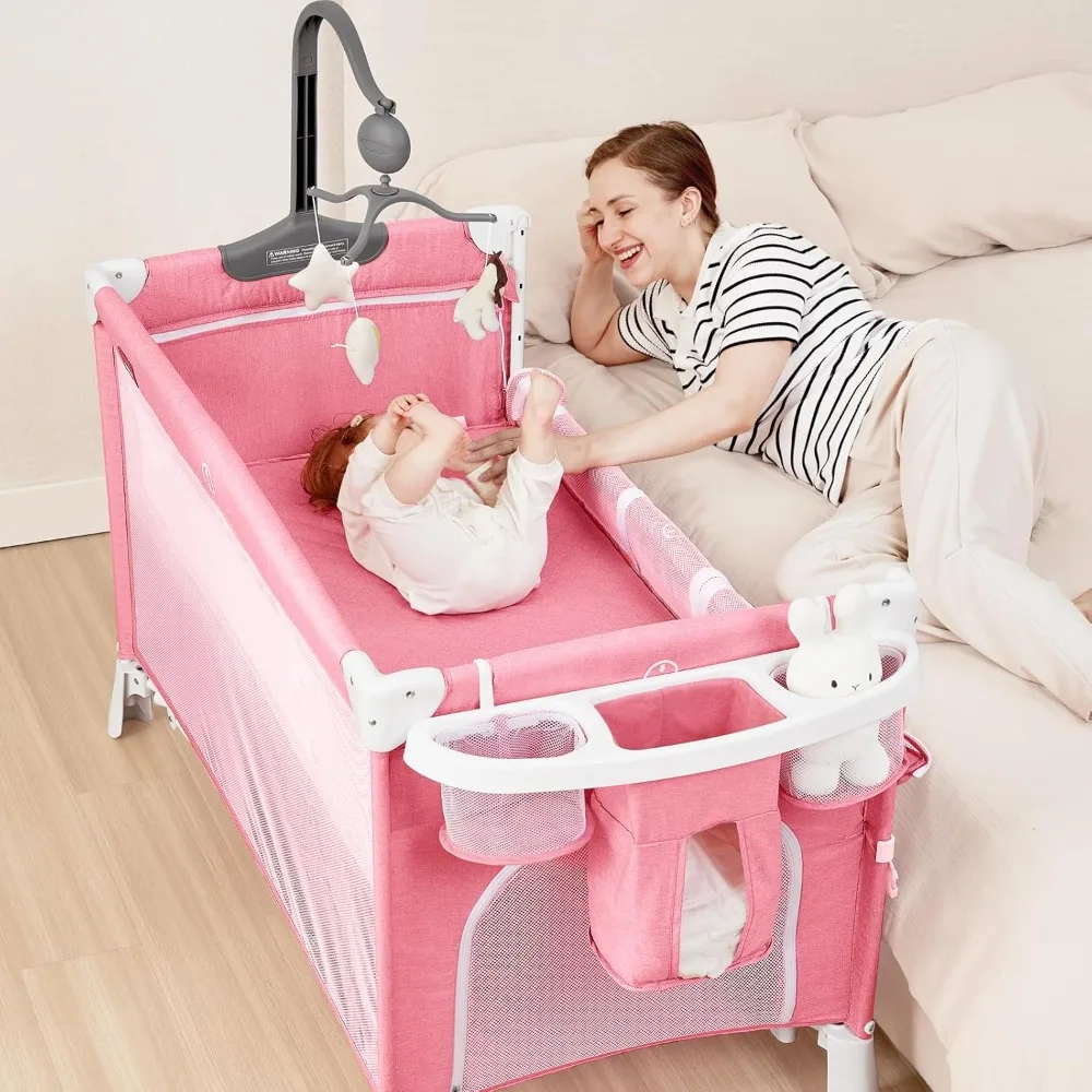 5 in 1 Baby Bassinet Bedside Crib, Beside Sleeper with Diaper Changer& Removable Rocker, Pack and Play Bassinet, Easy Folding P