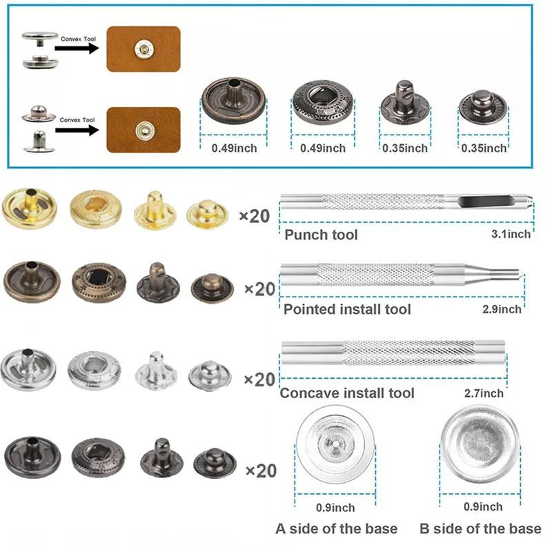 Heavy Duty Snap Fasteners Press Studs Kit +Poppers Leather Button Tool For DIY Clothes Garment Bag Shoes